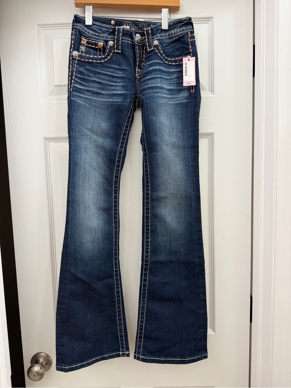 NWT Miss Me Girls Jeans Size 12 Bootcut Dark Wash Pink Stitch Rhinestone